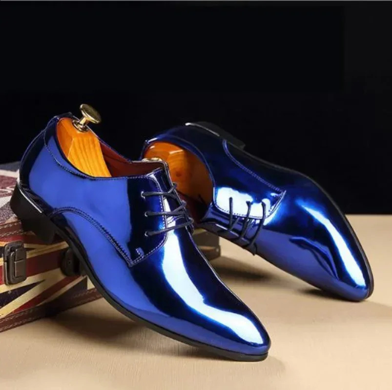 Fashion Trend Patent Leather Men Wedding Shoes Gold Blue Red White Oxfords Shoes ner Pointed Toe Dress Shoes Big Size 37-48 260916