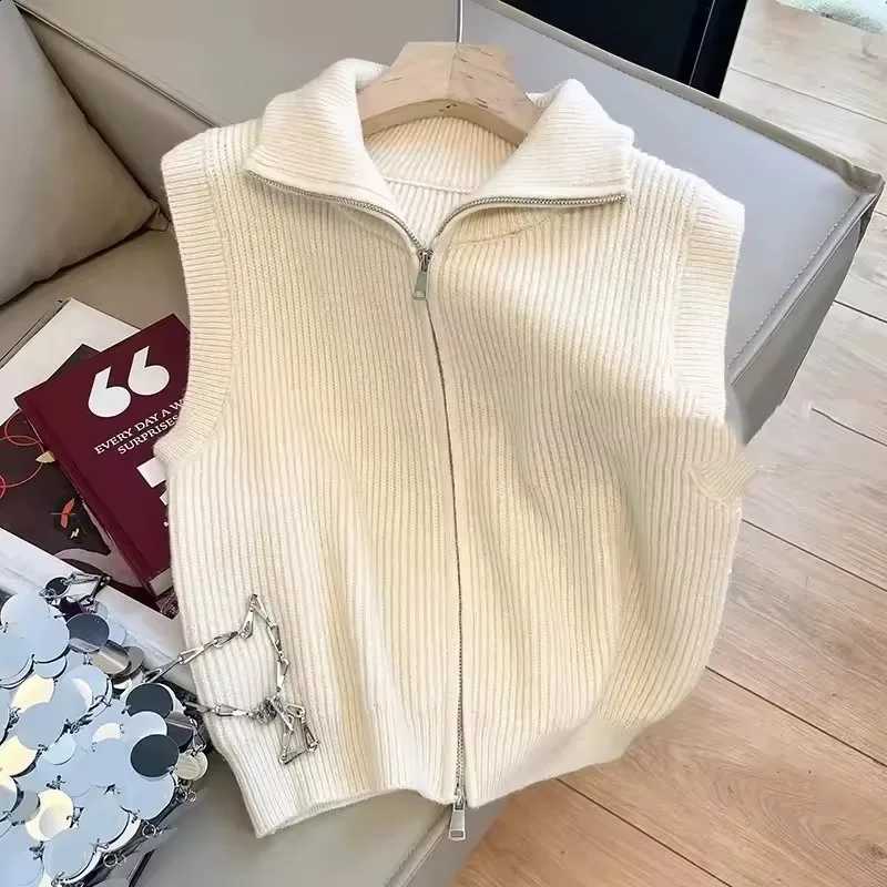 Cardigan Stand Collar Knit Zipper Wemen Autumn New Loose Simple Sleeveless Casual Knitwear Vest Korean All Match Crop TankW260915