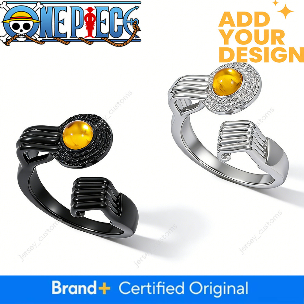 Anime One Piece style amber ring, retro vintage, with a black white two-tone design and adjustable opening