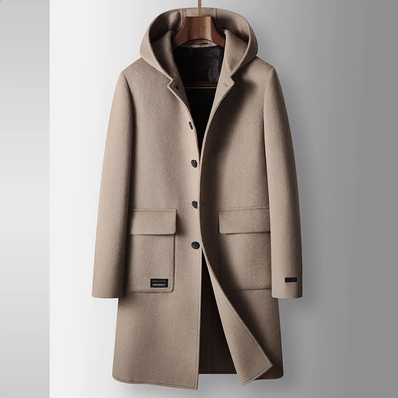 Winter Men's Hoodie Medium Long Woolen Coat Rabbit Plush Thick Warm Casual Coat High end Fabric 100% Pure Wool 260916