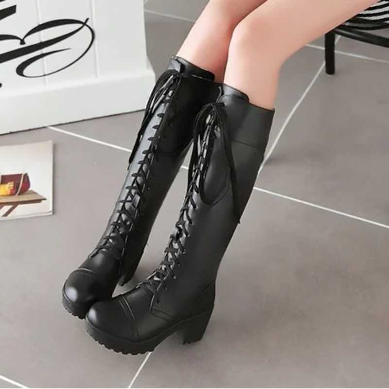 Autumn 2025 Hot Sale Spring Lacing Knee High Boots Women fashion Square Heel Belt Ladies Leather Shoes Winter Size 34-43 D260916
