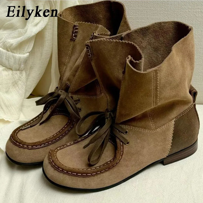 Eilyken Winter Street Style Vintage Pleated Women Ankle Boots Color Blocking Lace Up Round Toe Riding Western Short Mujer 260916