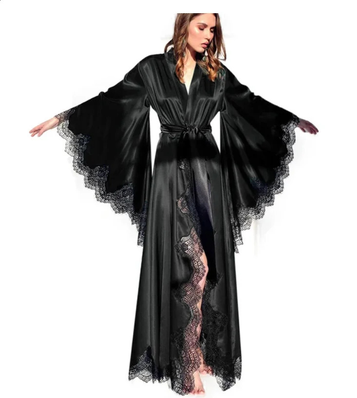 Women Robes Sleepwear Kimono Pajamas Pure Long Black Silk Satin Lace Trim Pography Dress Wedding Bride Gown Po Shoot 260916