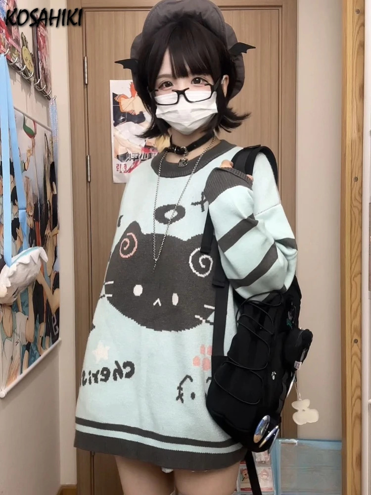 Japanese Contrast Color Striped Cartoon Cat Sweater Women Y2k Harajuku Casual Cute Kawaii Jumper Aesthetic Sweet Loose Pullovers 260916