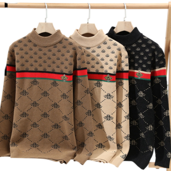 Designer Hommes Mock Neck Bee Pull Automne Hiver Épais Chaud Tricot Pull Rétro Argyle Color Block Stripe Casual Bottoming Knitwear