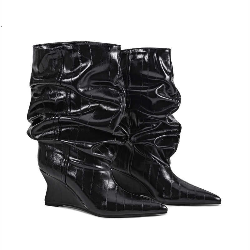 Women Wedge Boots Eel Irregular Pattern Super Wide Slouchy Pointed Toe Shoes Black Pleated 7.5cm High Heel Mid-calf Boots 35-45 D260916