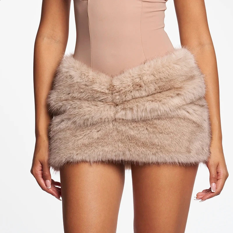 y Artificial Fur Mini Skirt Elegant Lady Ruched Low Rise Bodycon Skirt Women Vintage Grunge Pencil Skirt Female Club Party 260916