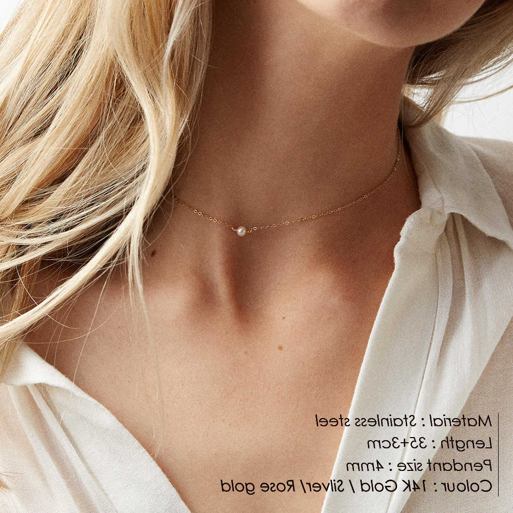 Pendant 4MM Simulated-pearl Necklace for Women Dainty Stainless Steel Gold Color Necklace WomenT260916
