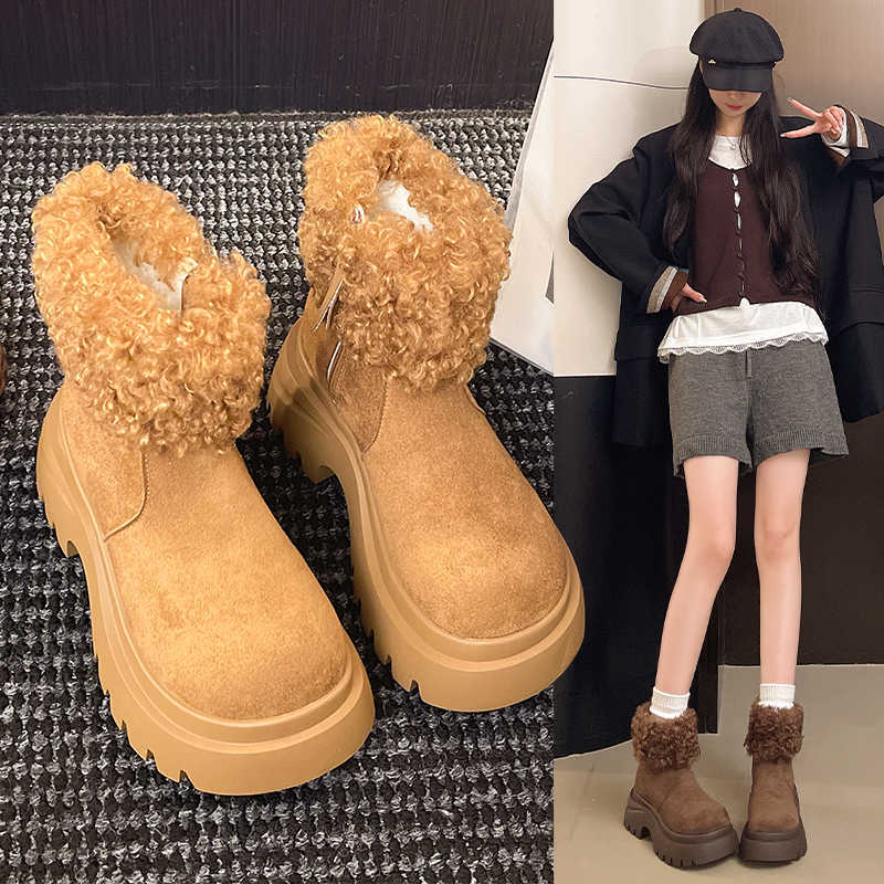 Winter fashion Ankle Boots Female Casual ZIP Shoes Woman Square Mid Heels Solid Cow Suede Fur Sock Boots Plus Size D260916
