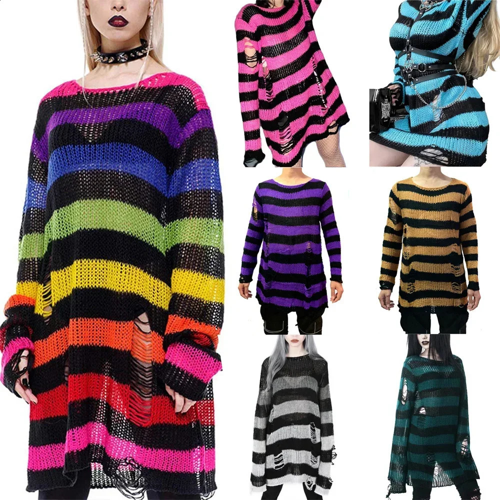 Purple Striped Gothic Sweaters Women Ripped Holes Loose Knitted Pullover Frayed Fairy Grunge Jumpers Emo Streetwear Lolita 260916