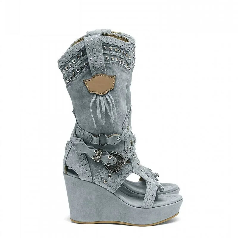 Zipper Shoes Boots Women Round Toe Large Size Elegant Wedge Cowboy Ladies High Heel Shallow PU Canvas Casual Fabric Sol 260916