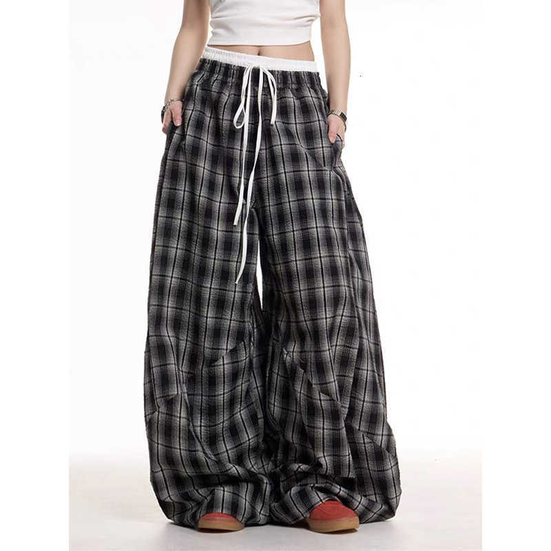 Black Plaid Patchwork Wide Leg Pants Men's Autumn American Vintage Y2K 2000s Style High Waisted Hip Hop Breathable Sweatpants D260916