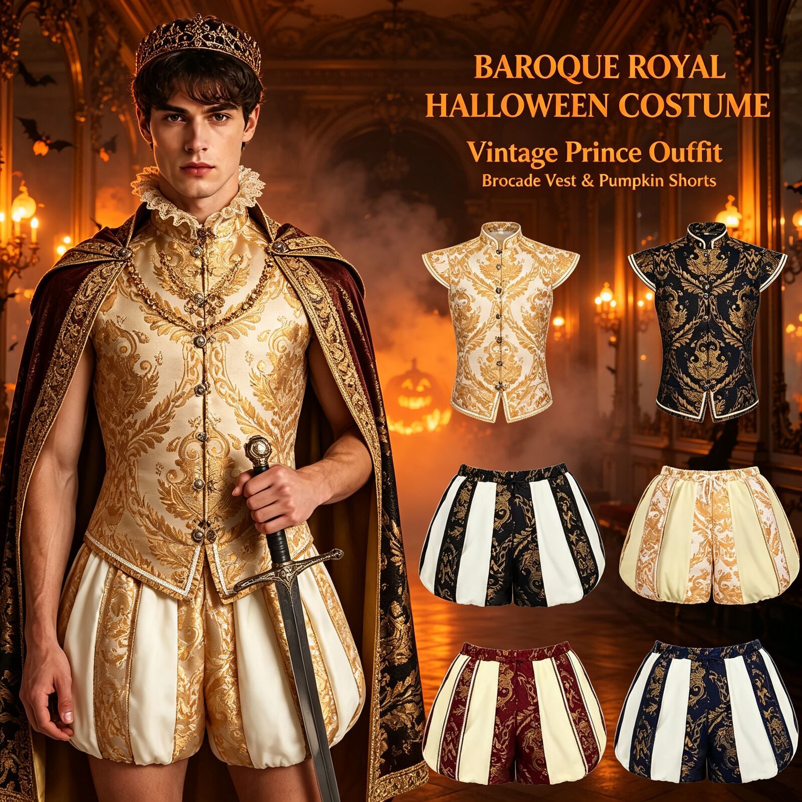 Halloween men's nobleman king cosplay costume vest pumpkin pants men's performance outfit Premium fabric Cosplay Outfit Halloween Party