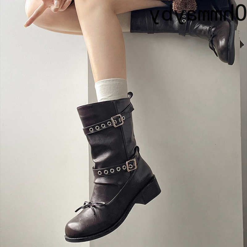 Calf Fleece Lined Women Mid Boots Bow Decor Strap Thick Heel Slip On Shoes Vintage Autumn Winter Women's Booties D260916