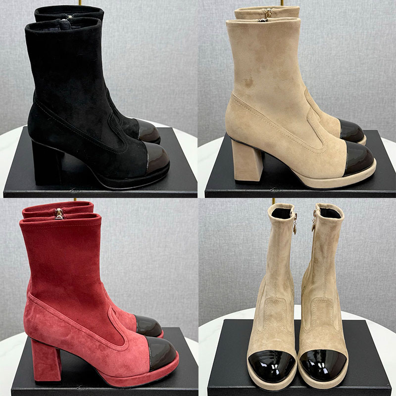 Retro Short Boots Designer Womens Contrasting High Heels Short Tube Boots With Stretch Leg Hugging Thick Heels Height Increasing Versatile Daily Com