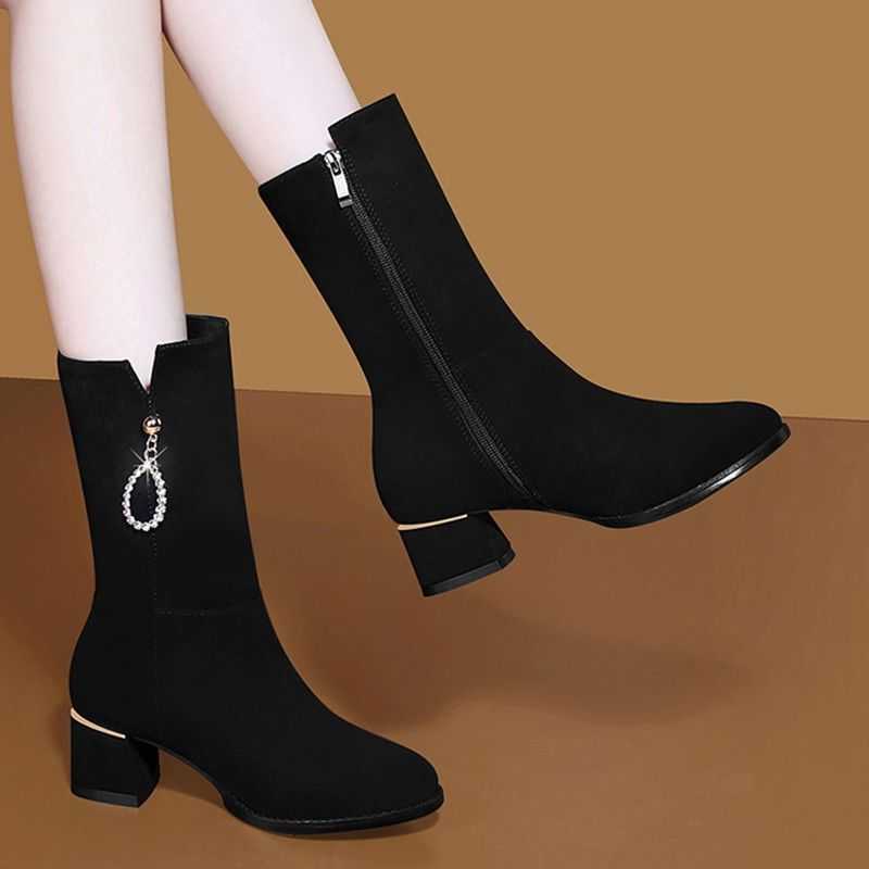 length mid 2025 boots new for women's autumn and winter fashion with plush insulation and frosted leather middle heel boots D260916