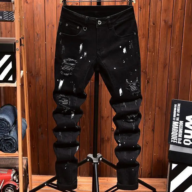 Fashion Trendy Slim Denim Jeans Men Distressed Ripped Holes Patches Spring Autumn Casual n Korean y Clothing Trousers 260916