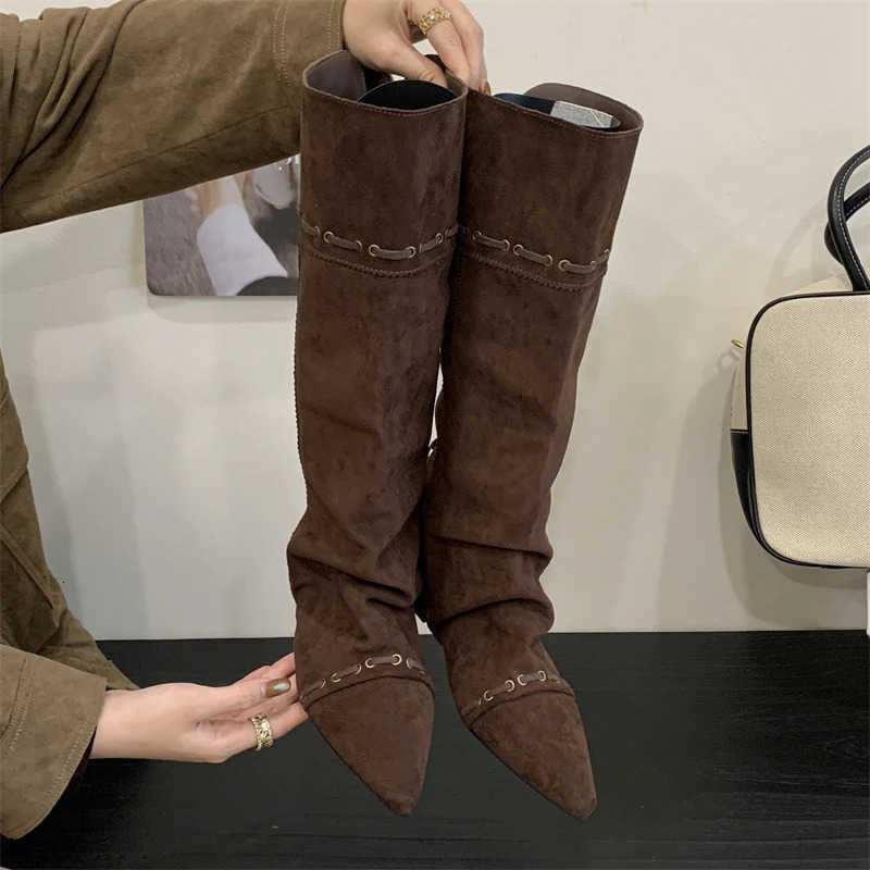 Up Autumn Lace Winter Designer Pointed Toe Women Knee High Boots Punk Vintage Insoles Height Wedges Heels Shoes D260916