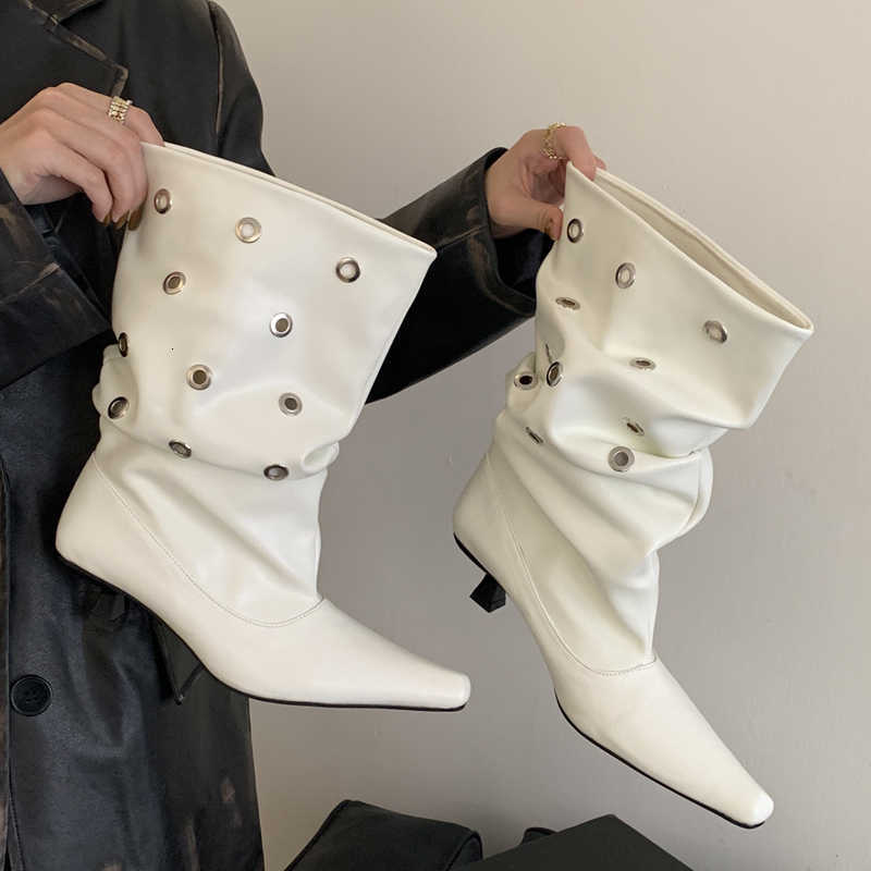 White Faux Leather Pointed Aneikeh Toe Designer Hollow Out Metal Eyelet Women Ankle Boots fashion Low Heels Party Dress Shoes D260916
