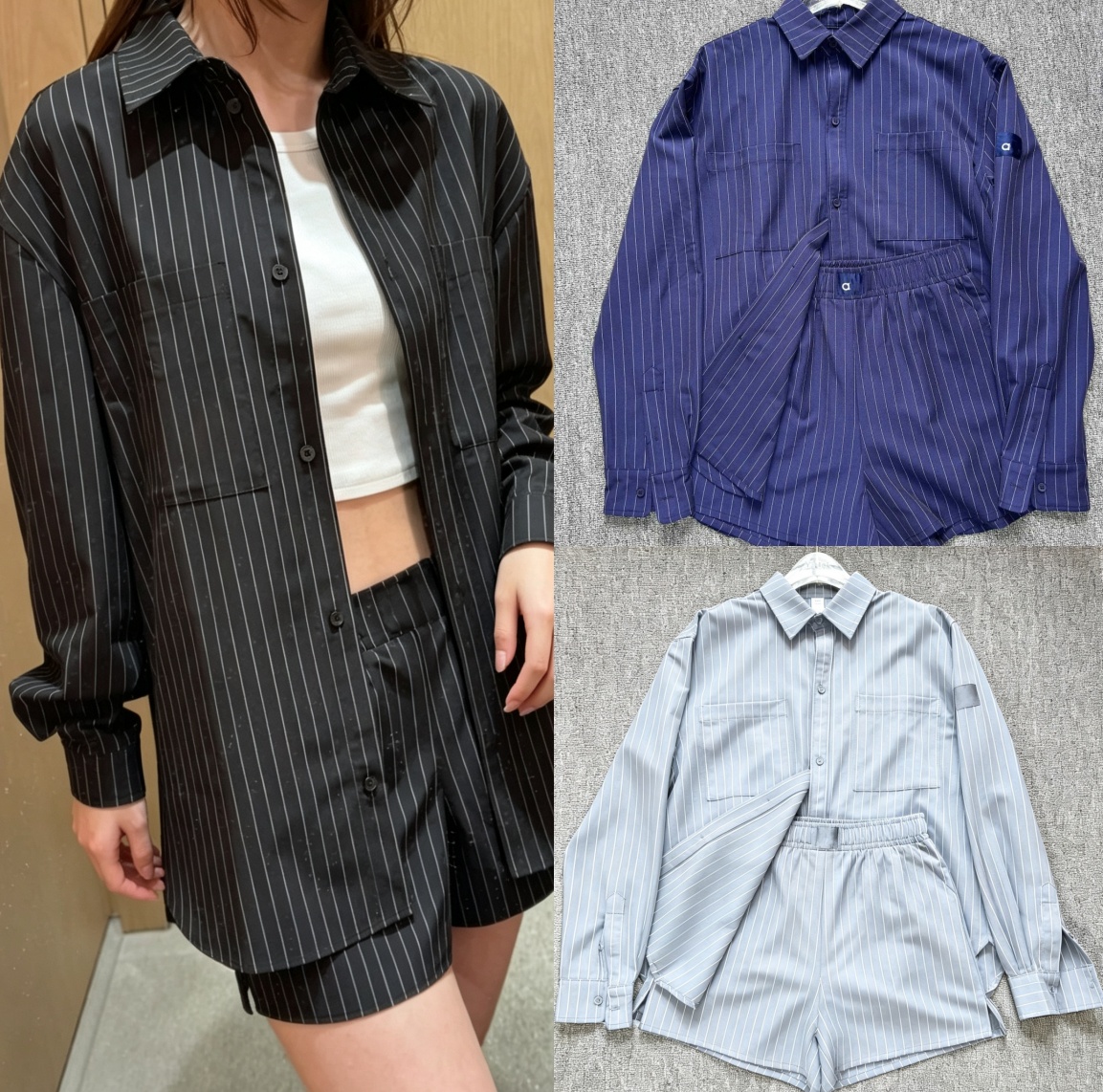 A2934 Women's Loose-Fitting Casual Long Sleeve Shirt with Fine Stripes Chic Long Sleeve Tee Versatile Loosely Fitted Stripes Design Shorts