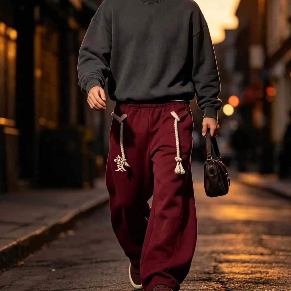 Men's Hip Hop Street Style Sweatpants Baggy Wide-Leg Casual Sports Pants with Thick Rope Drawstring And Chinese Love Character E D260916