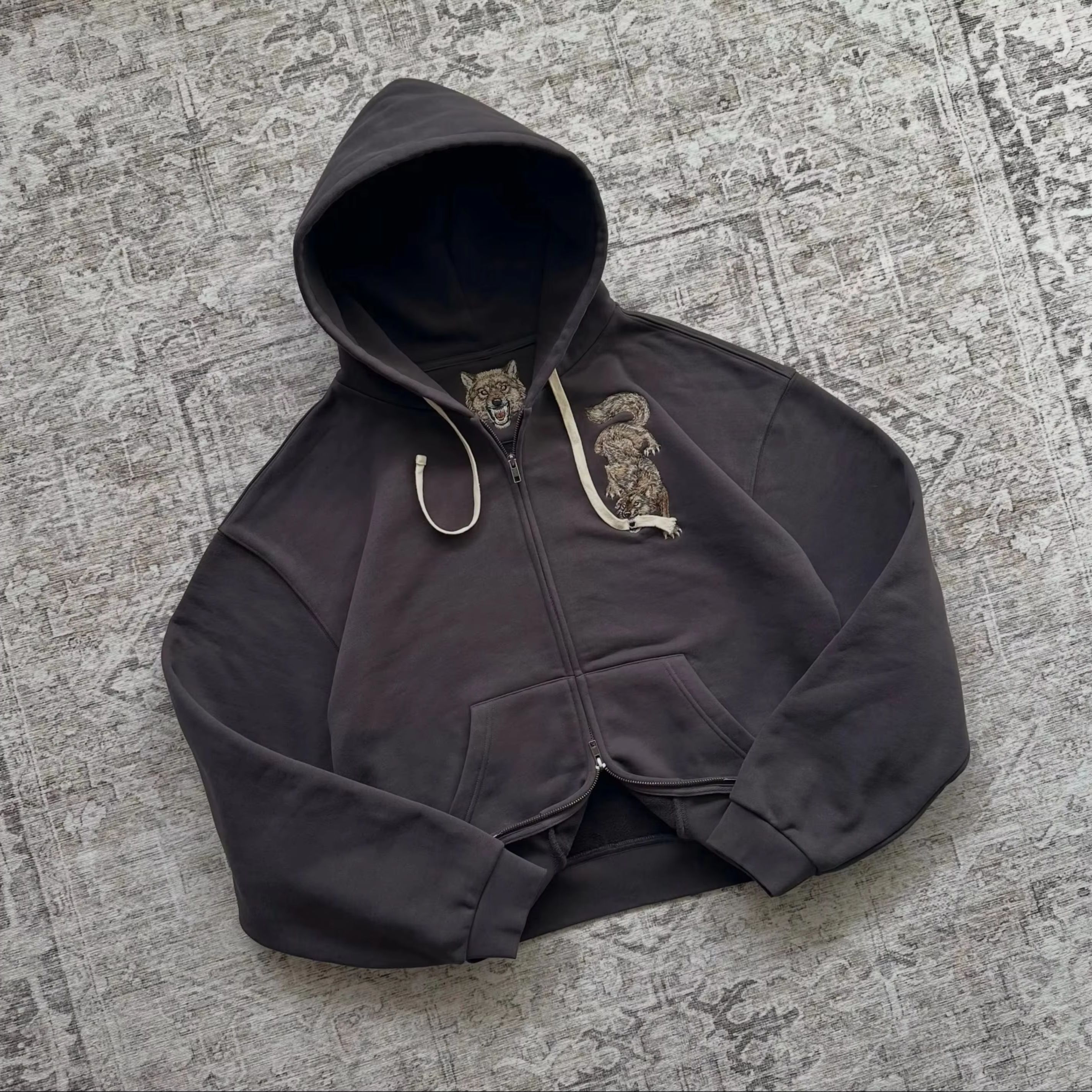 Dark Brown Full Hoodie Double Men Wolf Embroidery Drawstring Pocket Oversized Y2K Grunge Vintage Street Zip Up Sweat Jackets 26L0916