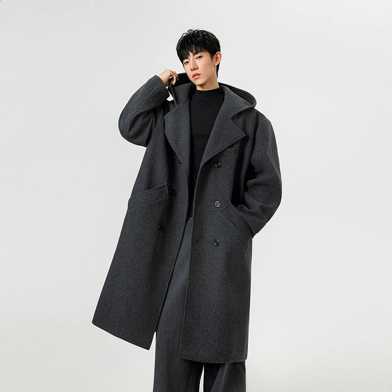 Trench men autumn winter men wool fabric hooded wool overcoat suit collar double breasted mid long length 260916