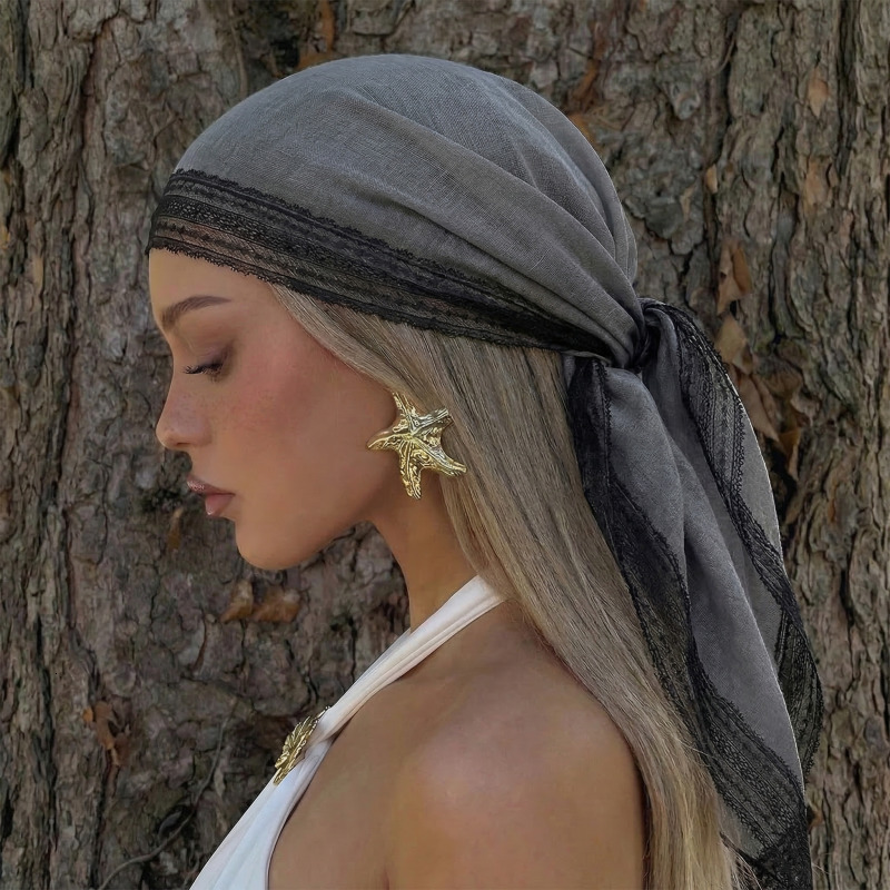 110Cm Lace Trim Square Bohemian Cotton Linen Hijab Elegant Bandana Head Wrap Shawl Neck Scarf for Women Beach Travel 26Y0916
