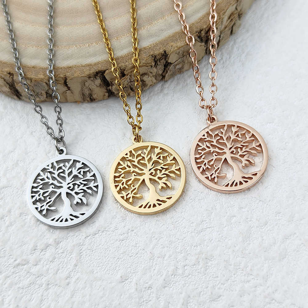 simple Fashionable and stainless steel gold-plated necklace silver tree of life O-shaped chain rose gold women's necklaceT260916