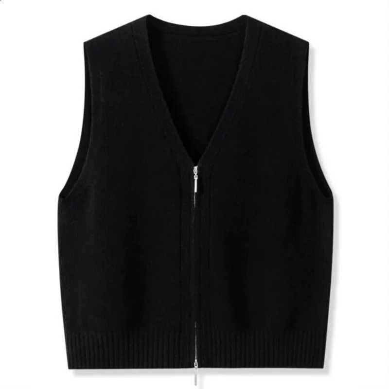 Knitwear Autumn Women Double Women Zipper V-neck Chic Simple Sleeveless Sweater Vest Out Wear Warm Gray Knitted Coat CardiganW260916