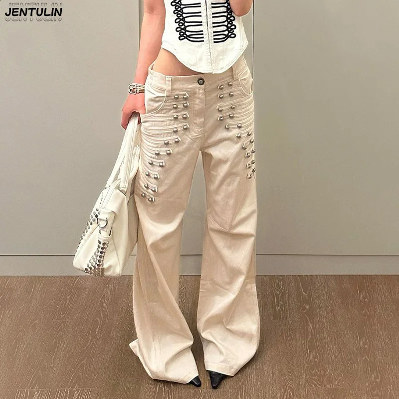 American Retro Metal Buckle Denim Pants For Women Summer StreetStyle Flirty Loose WideLeg FloorLength Trousers 260916