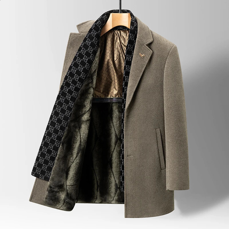 Winter Men's Woolen Jacket Fashion Thicken Mid Length Trench Turn Down Collar Warm Outerwear Business Casual Wool Coat 260916