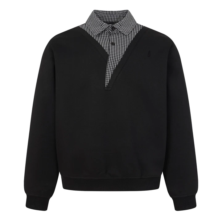 Men's deep V stitched plaid faux two-piece crew-neck pullover for autumn casual wear, featuring relaxed long sleeves.