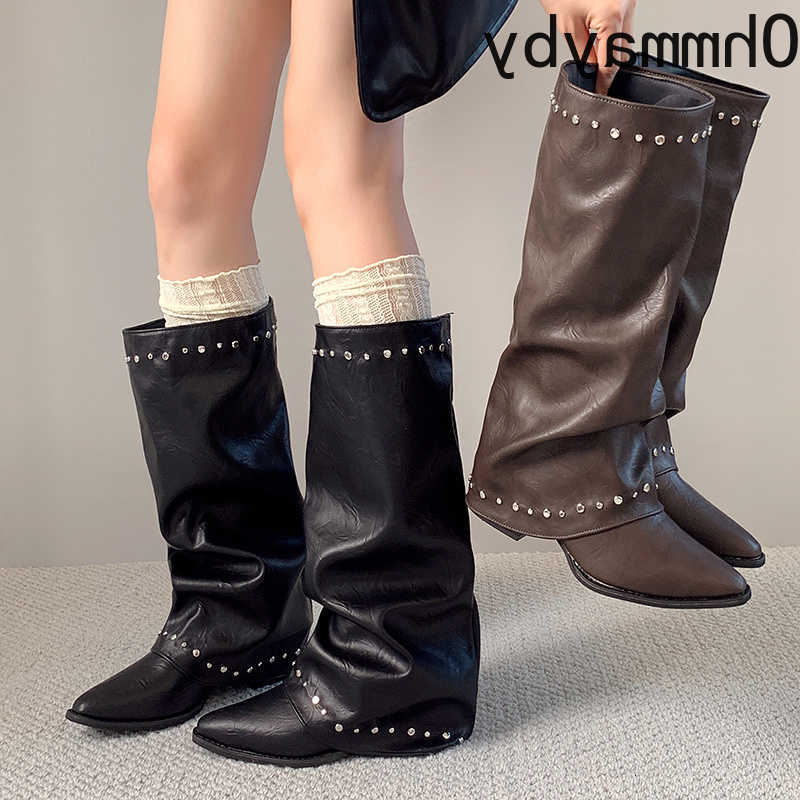 Calf Pointed Wide Toe Long Boots Women Ruched Slip On Block Heel Vintage Western Knee High Boots Ladies fashion Footwear D260916