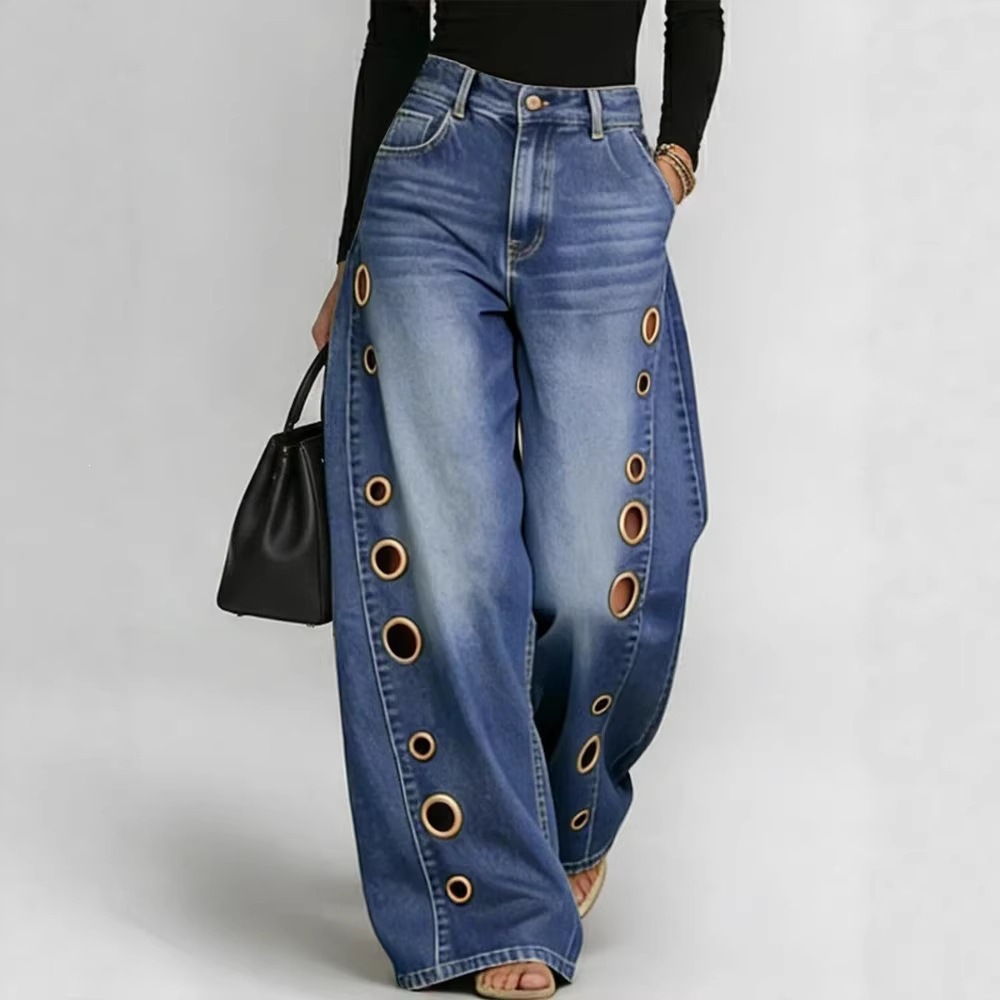 Jeans da donna a gamba larga capris a vita alta con occhielli in metallo Pantaloni casual in denim effetto invecchiato per le donne da indossare ogn