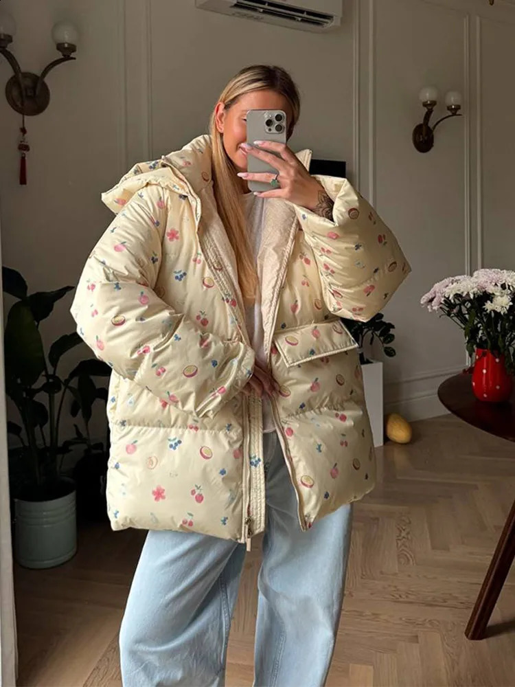 Elegant Print Hooded Winter Padded Jackets 2026 Thicken Lapel Zipper Full Sleeve Allmatch Warm Coats Female Floral Padding 260916