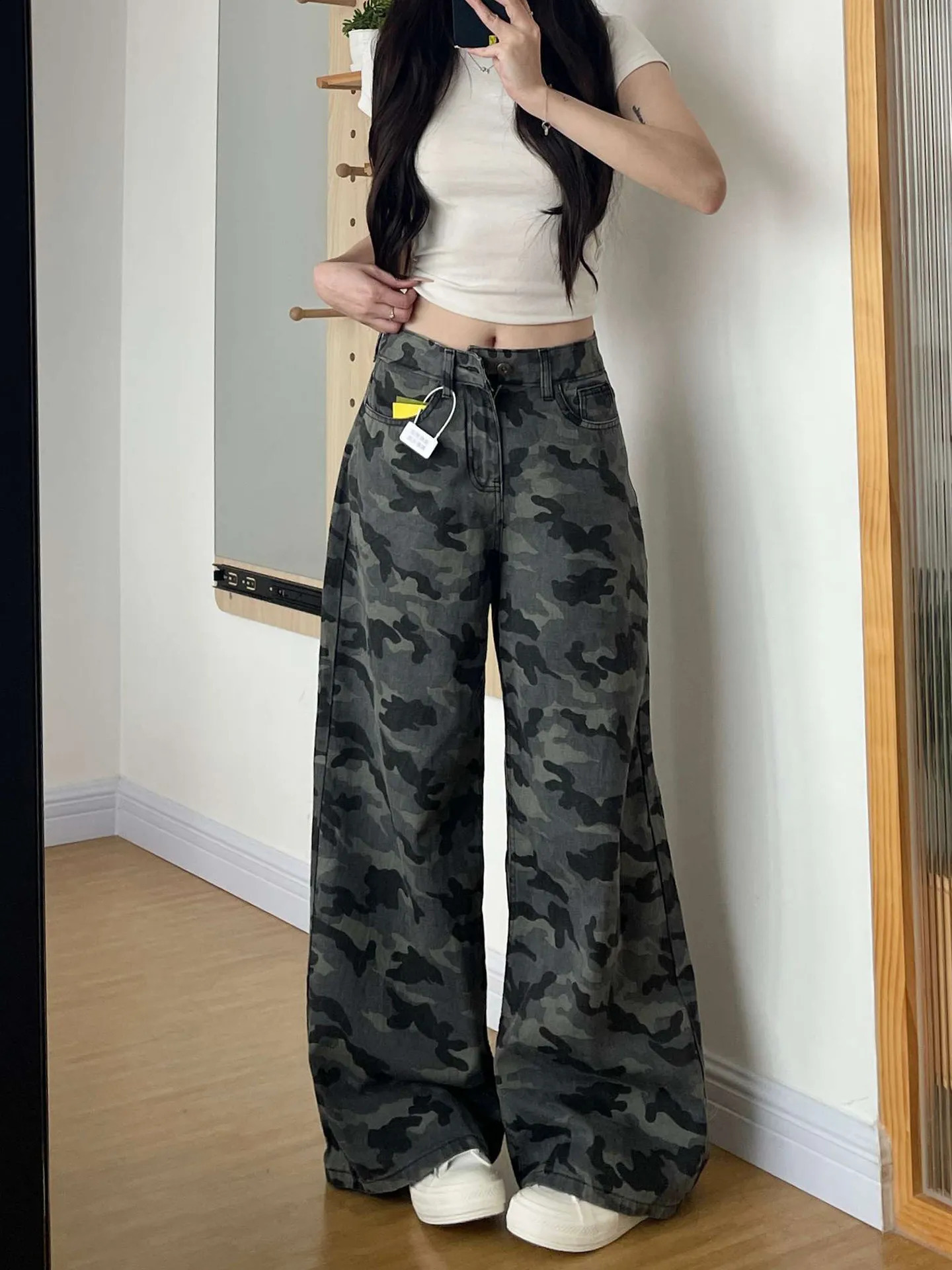American High Street Workwear Wide Leg Camouflage Jeans Women's Autumn Vintage Loose Lazy Straight Tube Pants Long Trousers 260916