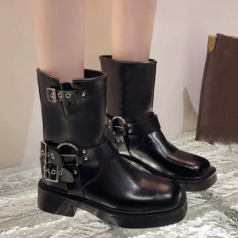 Mid-Calf Punk Style Strap Boots Women Black PU Leather Platform Western Boots Woman Big Size Square Toe Thick Heels Boots D260916