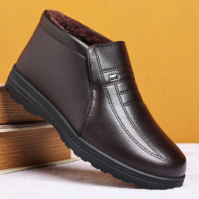 Leather Winter Waterproof Men's Casual Shoes Flannel High Top Slip-on Male Casual Shoes Rubber Warm Winter Shoes for Mens botte D260916