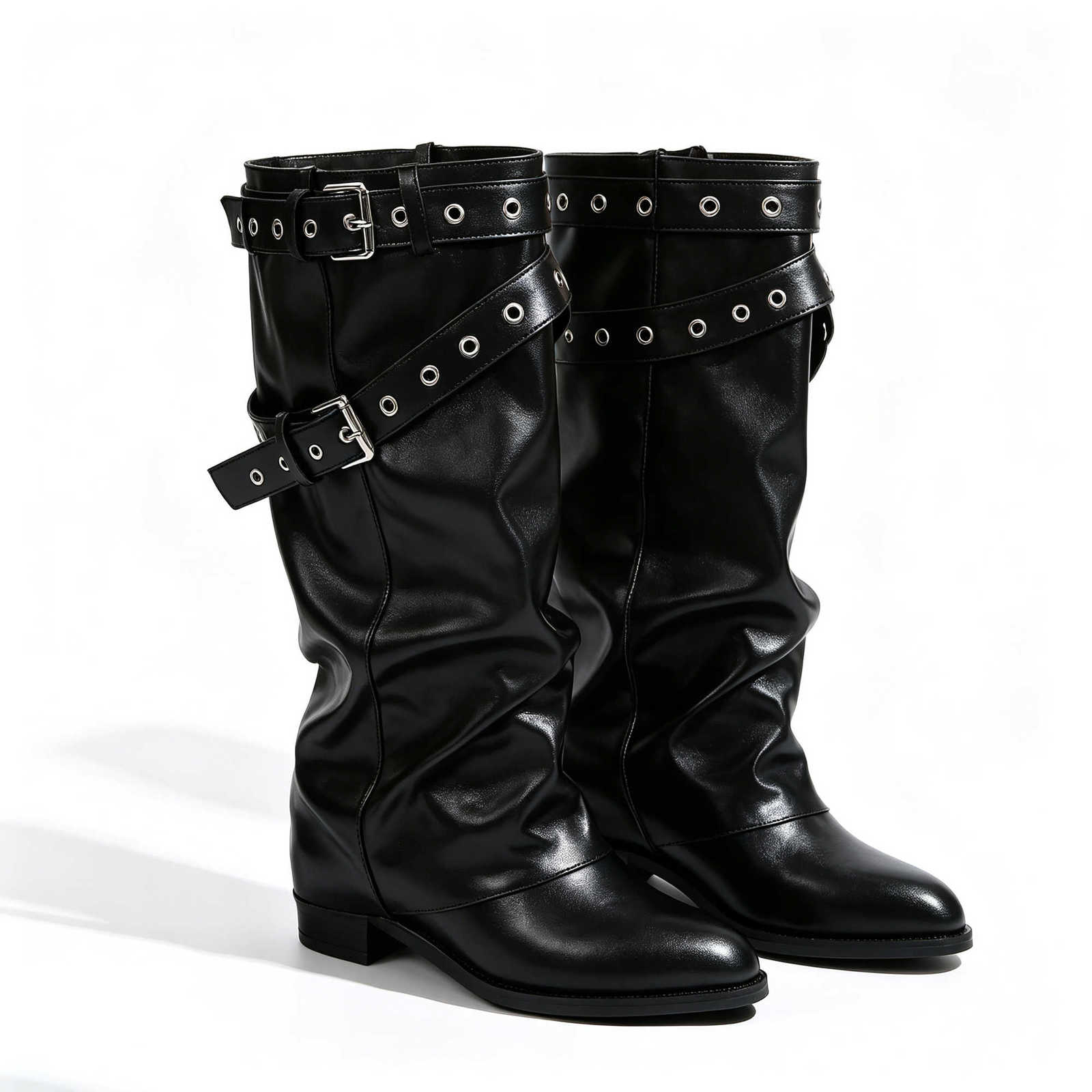 Motorcycle Calf Women Boots Mid Black Strap Round Toe Low Heel Punk Gothic Biker Slouch Boots Autumn Winter Shoes D260916