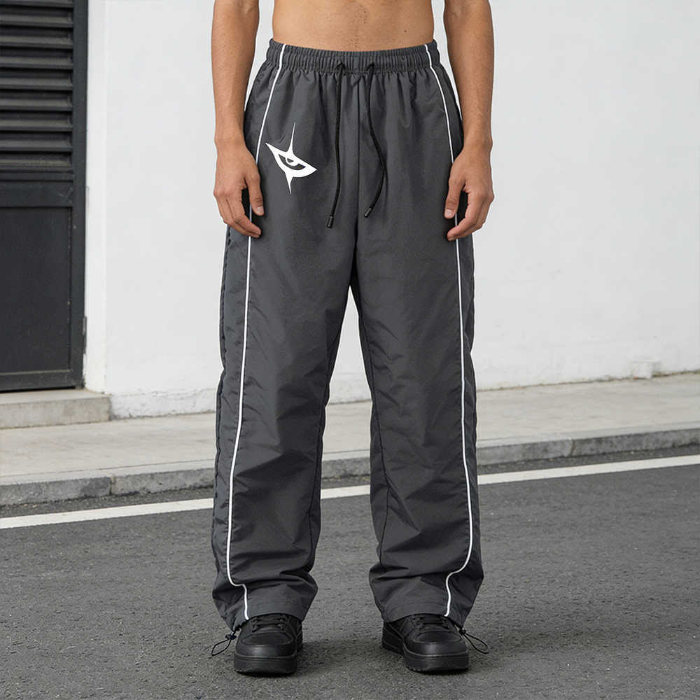 Evil Tracksuit Bottoms Men's Vintage Eye Embroidered Pants Contrast Piping Loose Fit Casual Sport Trousers with Adjustable Hem D260916