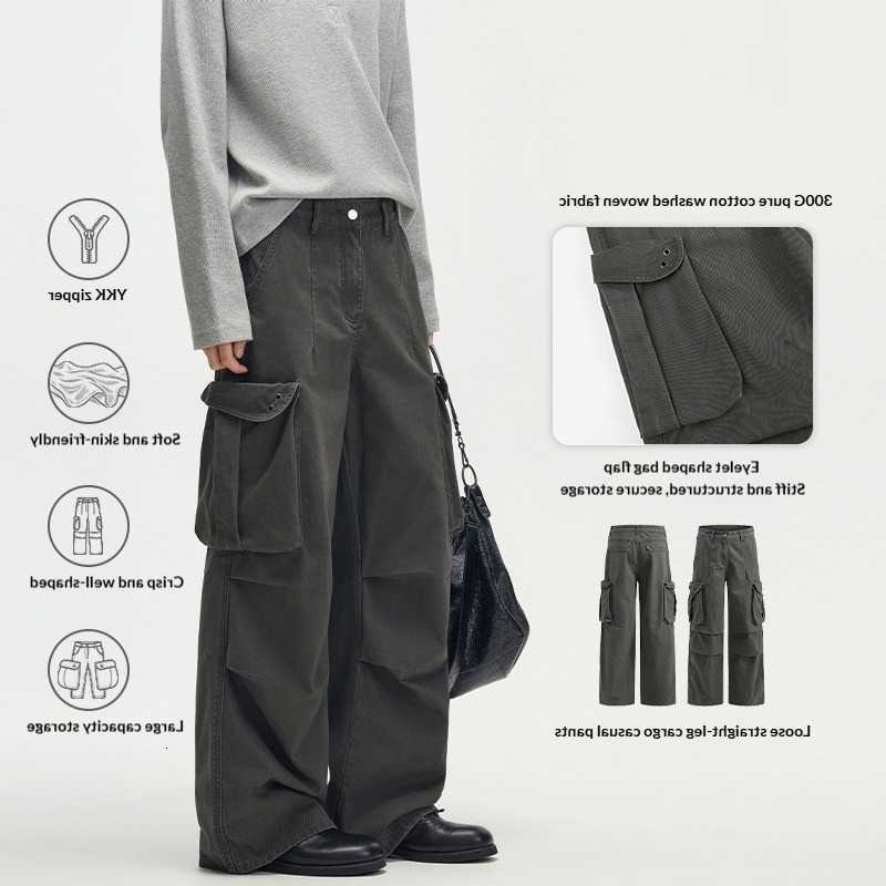 Pants Men Wide Leg Cargo Loose Big Side Pockets Knee Pleated Cotton Streetwear Trousers For Hip Hop Outdoor Spring Autumn Winter D260916