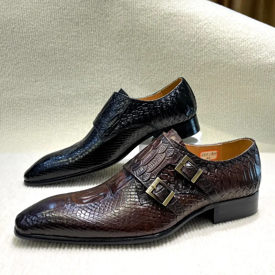 Men's Italian Genuine Leather Formal Oxford Shoes Python Crocodile Pattern Button Detailing for Office Party Wedding Footwear 260916