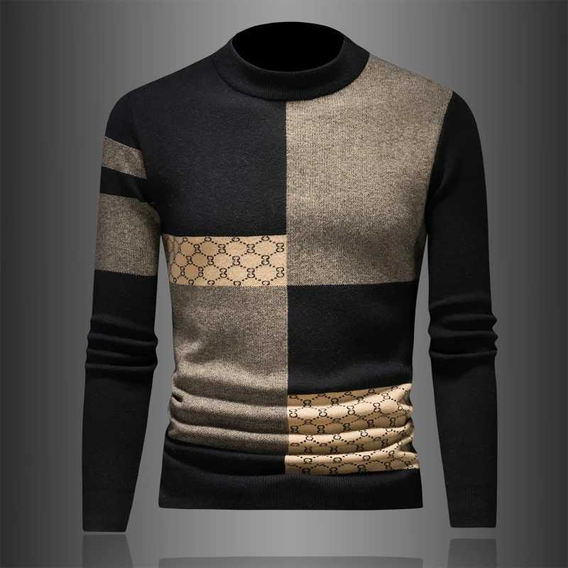 Minglu Mock Turtleneck Men's Sweaters Luxury Long Sleeve Plaid Jacquard Round Collar Autumn Winter Casual Male Q260915