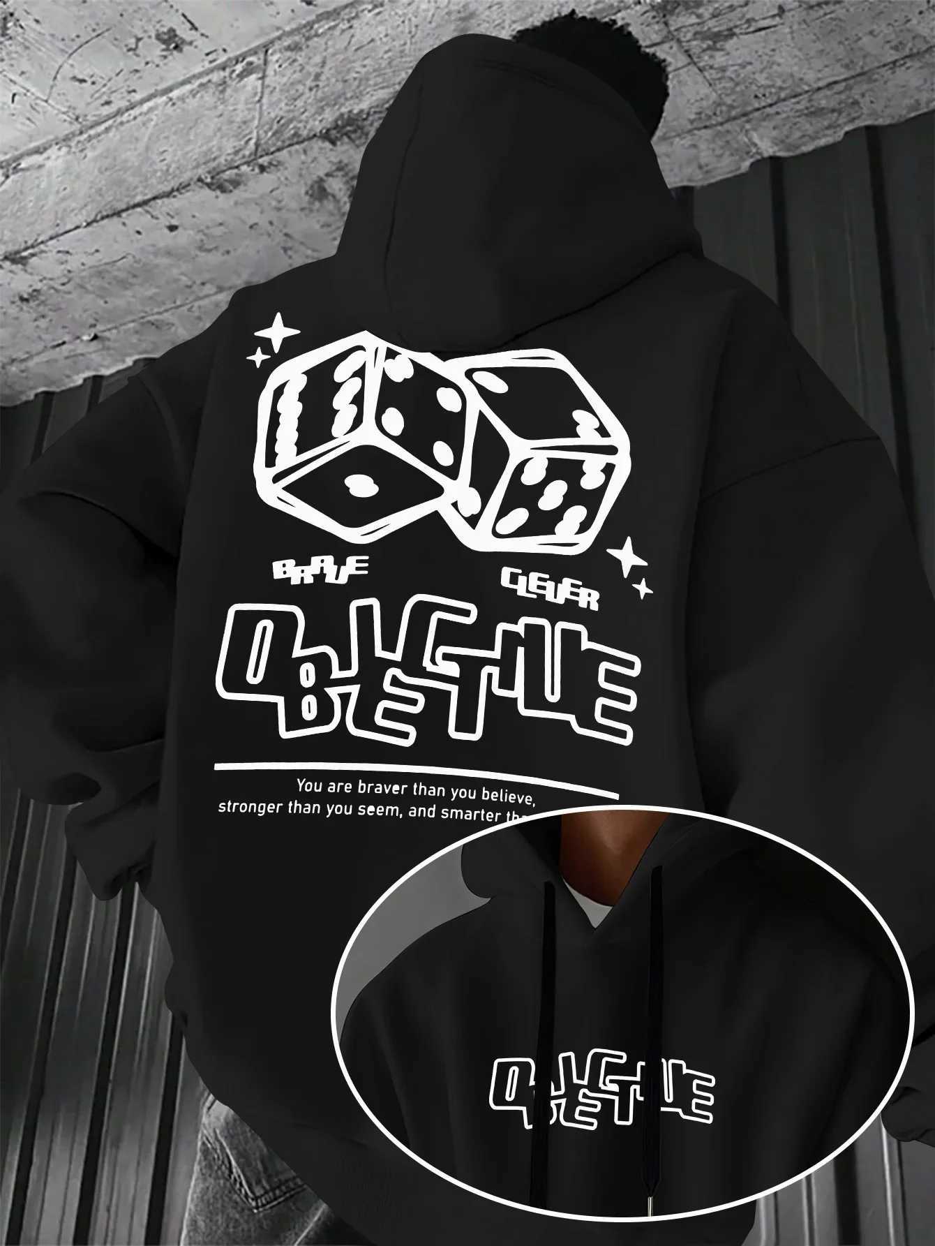 Y2K Hoodie Aesthetic Dice Mens Graffiti Sketch Front Back Print Urban Streetwear Loose Pullover Sweatshirt Autumn Winter D2609151