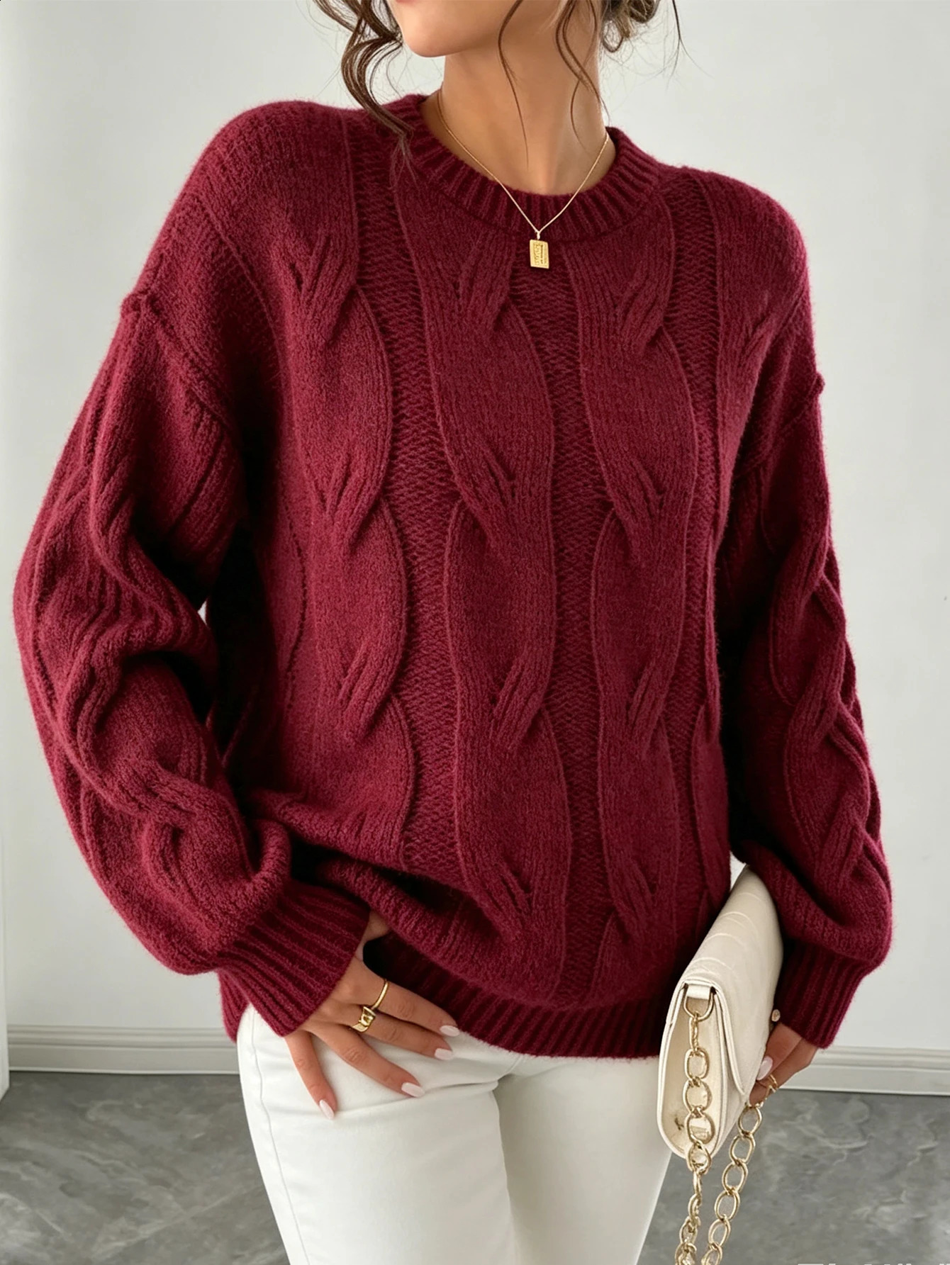 Burgundy RoundNeck y CableKnit Sweater for Women Autumn and Winter European American Retro Lazy Style LooseFitting 260908