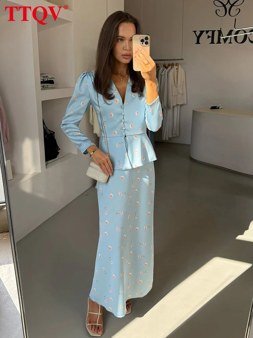 TTQV Fashion Slim Print Women's Two Pieces Set 2026 Elegant Long Sleeve Shirt With High Waist Long Skirt Set Female Clothing 260916