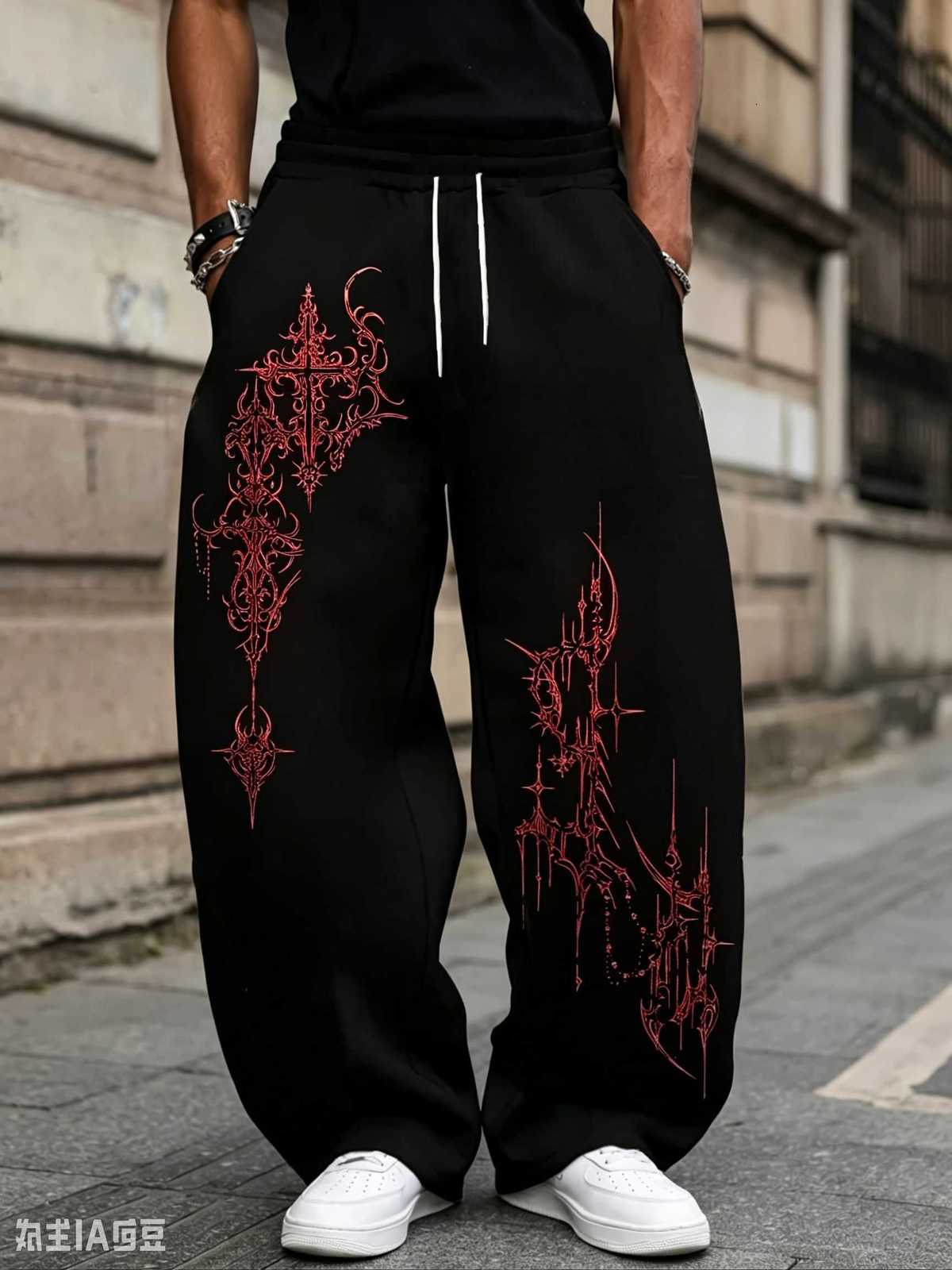 2026 New Y2K Dark Gothic Men StraightLeg Jogger Pants Ornate Red Floral Totem Graphic Side Print Loose Street Casual Trousers D260916