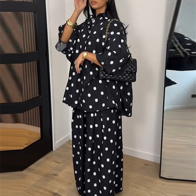2026 Autumn Summer Polka Dot Shirt Pants Womens Set Elegant Lapel Three Quarter Top Wide Leg Trousers Vacation Lady Outfit Suit 260915