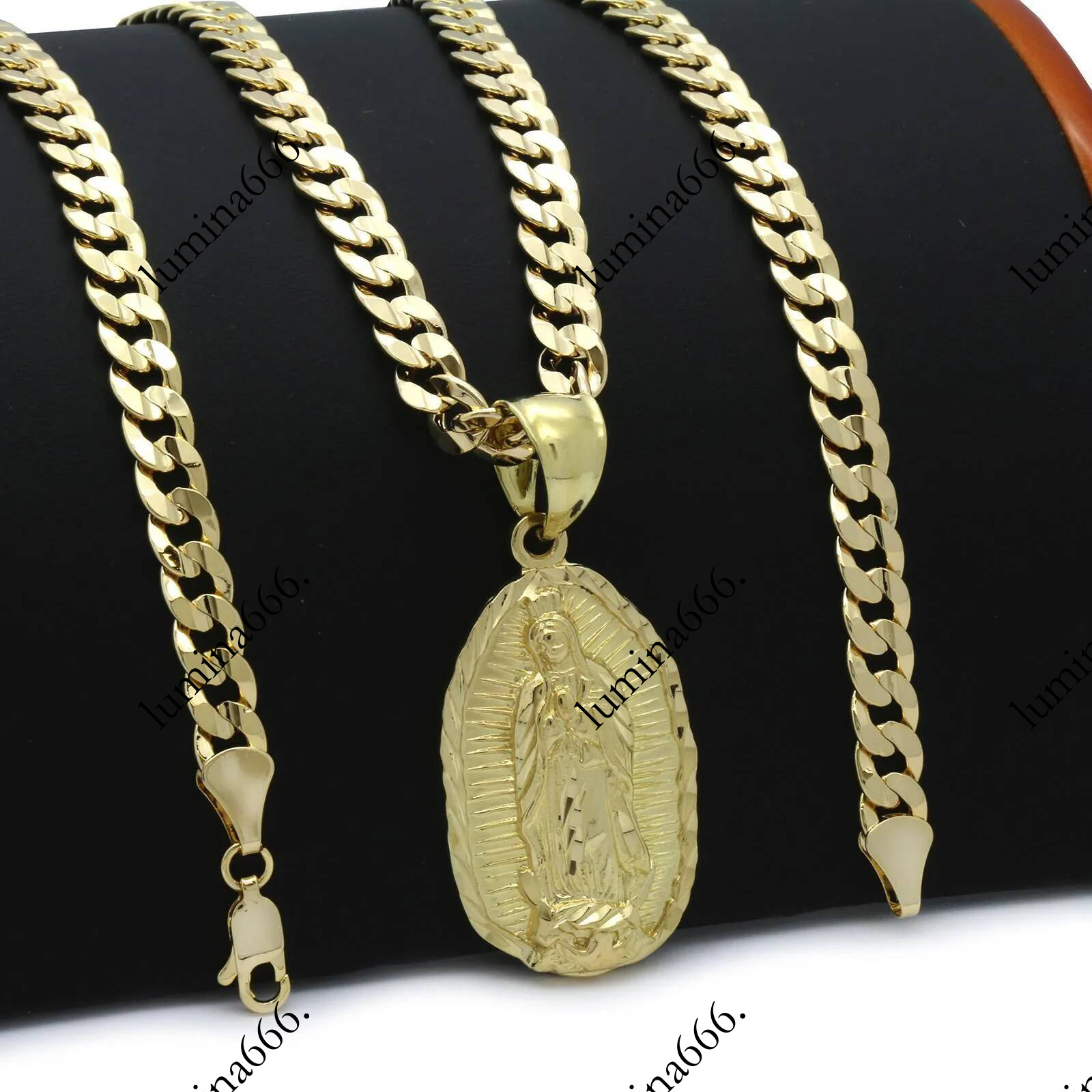 Gold Plated Virgin Mary Oval Medallion Pendant Necklace Solid Miami Cuban Link Chain Religious Catholic Faith Hip Hop Statement Jewelry For Men Wome